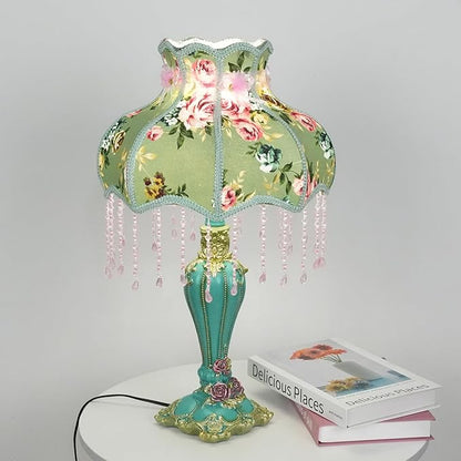 Lovely Table Lamp with Fabric Lampshade, Antique Flower Decorative Bedside Desk Lamp, Handmade Night Light for Bedroom Nightstand (Green)