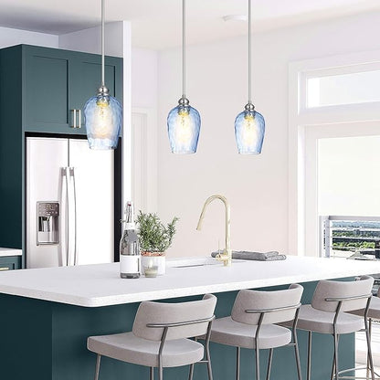 Glass Pendant Lights Kitchen Island, Brushed Nickel Pendant Light Fixtures with Hand-Blown Clear Glass, Modern Hanging Light for Kitchen Sink Dining Room Bedroom, E26 (Blue, 1pack)