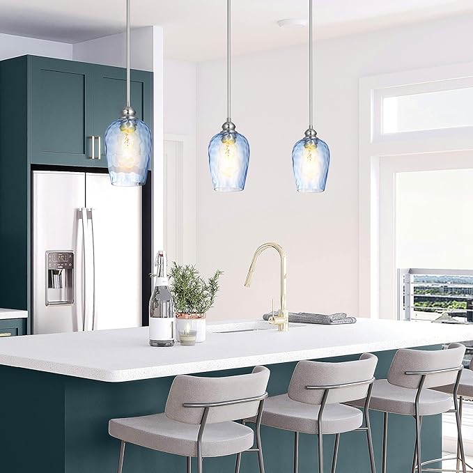 Glass Pendant Lights Kitchen Island, Brushed Nickel Pendant Light Fixtures with Hand-Blown Clear Glass, Modern Hanging Light for Kitchen Sink Dining Room Bedroom, E26 (Blue, 2pack)