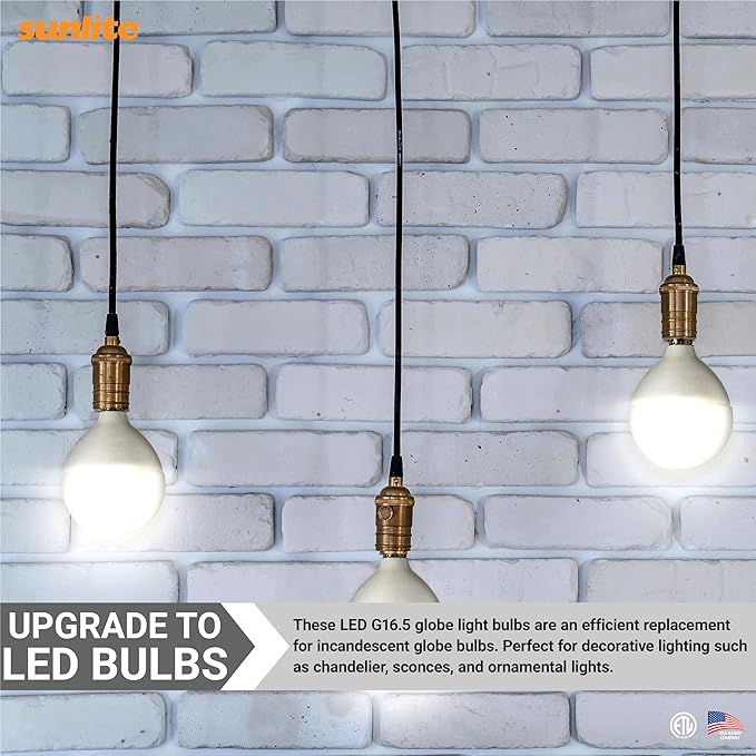 Sunlite G16.5 Light Bulb LED, 5W (40W Equiv.), 350 Lumens, Dimmable, Type G Globe Shape E12 Candelabra Base, Short Bulbs, Vanity Mirror Bulbs, 4000K Cool White, Frosted, 6 Count
