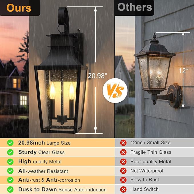 20.98-INCH Outdoor Wall Lights 2-Light, Waterproof Exterior Light Fixtures Wall Mount Outside Light with Glass, Dusk to Dawn Outdoor Wall Lantern for Porch, House, Garage, Black