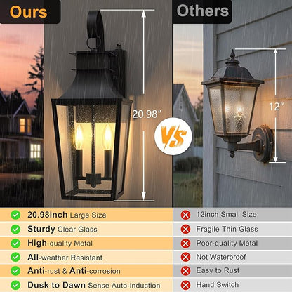 20.98-INCH Outdoor Wall Lights 2-Light, Waterproof Exterior Light Fixtures Wall Mount Outside Light with Glass, Dusk to Dawn Outdoor Wall Lantern for Porch, House, Garage, Black