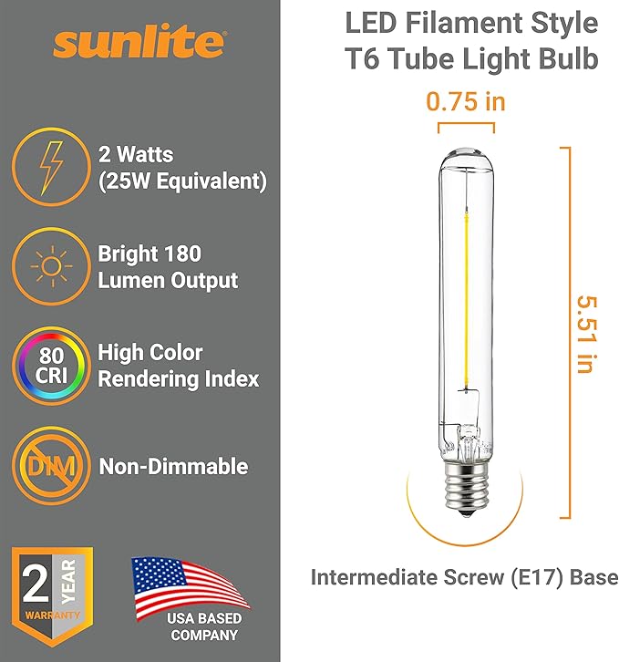 Sunlite LED Filament T6 T6.5 Tubular Light Bulb, 2 Watts (25W Equivalent), 180 Lumens, Intermediate E17 Base, Non-Dimmable, 139 mm, ETL Listed, 2700K Soft White, 6 Count