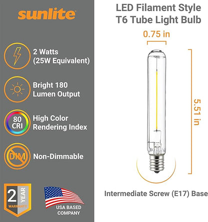 Sunlite LED Filament T6 T6.5 Tubular Light Bulb, 2 Watts (25W Equivalent), 180 Lumens, Intermediate E17 Base, Non-Dimmable, 139 mm, ETL Listed, 2700K Soft White, 6 Count