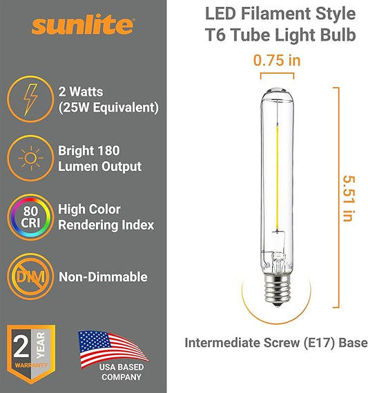 Sunlite LED Filament T6 T6.5 Tubular Light Bulb, 2 Watts (25W Equivalent), 180 Lumens, Intermediate E17 Base, Non-Dimmable, 139 mm, ETL Listed, 2700K Soft White, 6 Count
