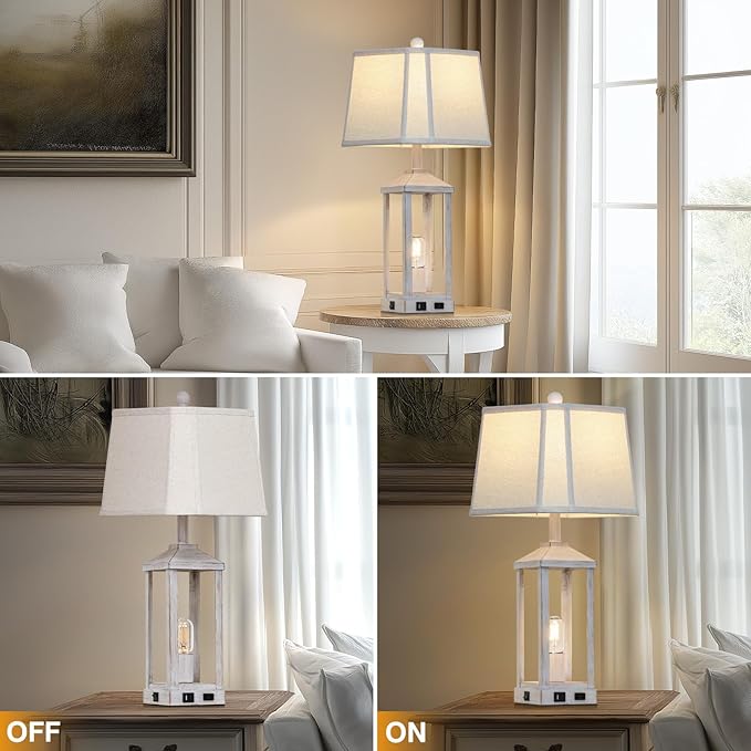 28" Set of 2 Vintage Table Lamps for Living Room，Farmhouse Industrial Nightstand Lamp with USB C+A & Outlet ，White Bedside Lamps for End Table with Nightlight, Bell Lampshades for Bedroom Nightstand