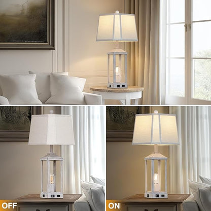 28" Set of 2 Vintage Table Lamps for Living Room，Farmhouse Industrial Nightstand Lamp with USB C+A & Outlet ，White Bedside Lamps for End Table with Nightlight, Bell Lampshades for Bedroom Nightstand