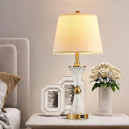 27" Bedroom Lamps Set of 2, Gold Glass Touch Lamps with USB C+A Ports, 3-Way Dimmable Light Fixture for Nightstand, Modern Table Side Lighting for Living Room, 2 Bulbs Included