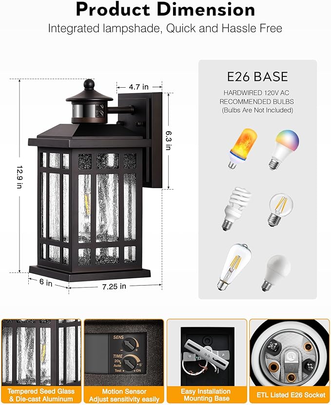 Porch Lights Outdoor with Motion Sensor, 2 Packs Oil Rubbed Bronze Outside Lantern Fixtures Wall Mount, Aluminium Anti-Rust Exterior Wall Light, Dusk to Dawn Coach Light for Garage Patio Entry