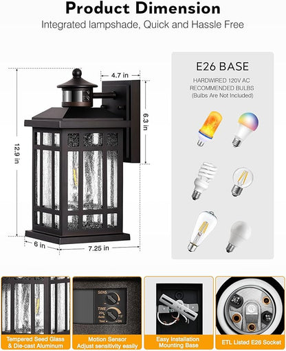 Porch Lights Outdoor with Motion Sensor, 2 Packs Oil Rubbed Bronze Outside Lantern Fixtures Wall Mount, Aluminium Anti-Rust Exterior Wall Light, Dusk to Dawn Coach Light for Garage Patio Entry