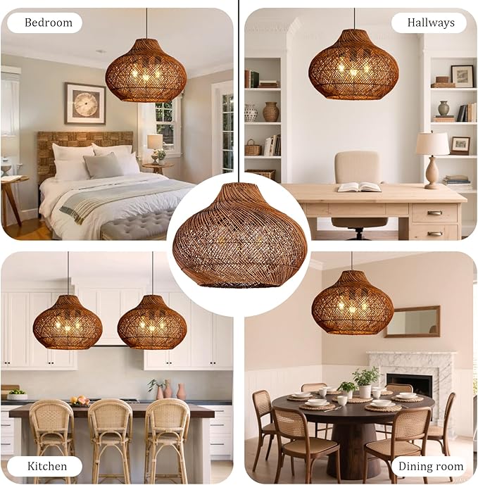 3-Light Dark Brown Rattan Pendant Light,18.9" Rustic Hanging Light,Round Curry Wicker Pendant Light Hand-Woven Rattan Chandelier for Workplace Dining Living Bedroom Kitchen Farmhouse