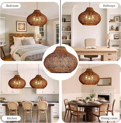 3-Light Dark Brown Rattan Pendant Light,18.9" Rustic Hanging Light,Round Curry Wicker Pendant Light Hand-Woven Rattan Chandelier for Workplace Dining Living Bedroom Kitchen Farmhouse