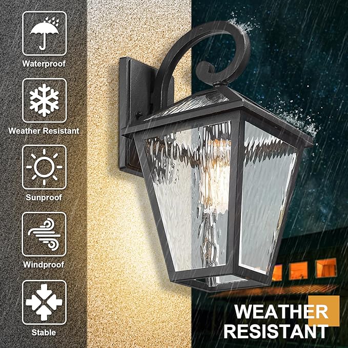 Outdoor Lights Fixtures Wall Mount, Outdoor Wall Lantern with Water Ripple Glass, Waterproof Outside Exterior Wall Sconce Lights Fixture for House, Front Porch, Patio, Large, Matte Black