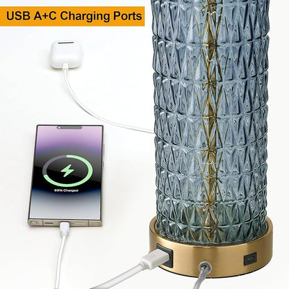 Oneach 27.75” Table Lamps Set of 2, Blue Modern Bedside Lamp with LED Night Light, USB A+C, Glass Lamps for Living Room, Bedroom, Nightstand, Office, End Table (2 Bulbs Included)