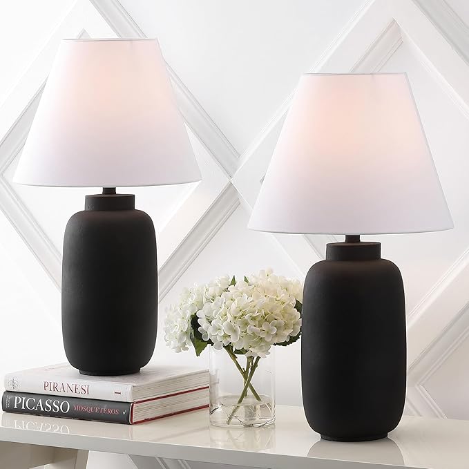 JONATHAN Y JYL5603A-SET2 24.5" Modern Minimalist Table Lamp Set of 2, Matte Black Ginger Jar Farmhouse Bedside Lamps for Bedroom, Living Room, Office with White Linen Shade, LED Bulbs Included