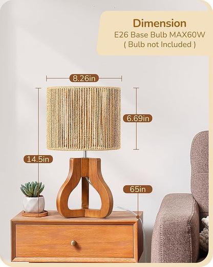 EDISHINE Small Table Lamp, Rose Wood Tripod Nightstand Lamp, Handwoven Paper Rope Shade, 14.6" Rattan Bedside Lamp for Bedroom Living Room, Office, On-Off Line Switch, E26 Base(Bulb Not Included)