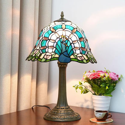 Tiffany Lamp Shade Replacement 12X7 Inch Peacock Style Handmade Red Blue Stained Glass Lampshades Only with Cap, Vintage Decorative Light Cover for Table lamp Ceiling Pendant Light,Blue