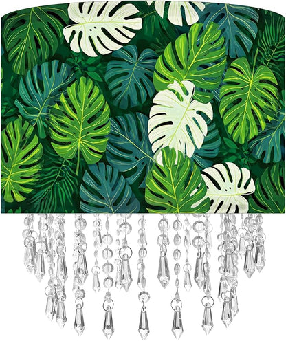 Green Leaf Tropical Leaf Lamp Shade with Acrylic Bead Droplets, Drum Fabric Light Shade for Ceiling Pendant Table or Floor Lamps, Botanical Nature Home Decor, 11.8in