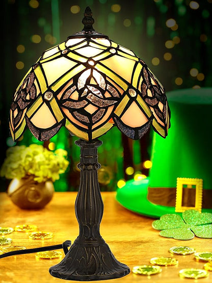 KY&BOSAM Irish Celtic Tiffany Table Lamp Shamrock Style Desk Lamp Stained Glass Night Light 14 Inch Tall 8 Inch Wide Shade Beside Lamp 1 Bulb Antique Zinc Base for Home Bedroom St Patrick's Day Decor