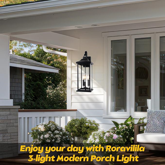 2-Pack 23" Extra Large Outdoor Wall Lights Candelabra 3-Light, IP65 Waterproof Exterior Lights with Clear Glass Front Porch Lanterns Outdoor Wall Sconce Lighting Outside Coach Lights, E12