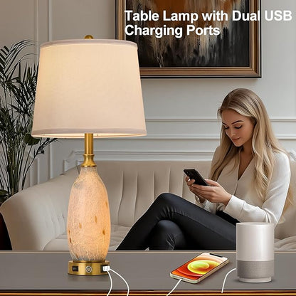 AIDENOEY 26" Modern Art Glass Table & Bedside Lamp, Stepless Dimmable Base + Dimmable 3-Color Light, USB A/C Charging Ports, Touch Control & Switch for Bedroom, Living Room, Office, Study