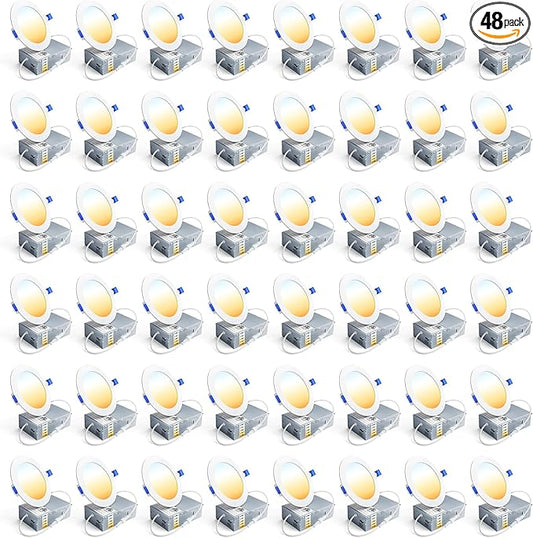 Ensenior 48 Pack 4 Inch LED Recessed Light, Dimmable, 2700K-5000K 5CCT, 750LM High Brightness, 9W 120V, Damp Rated, Ultra-Thin Canless Wafer Ceiling Light - ETL & FCC & IC