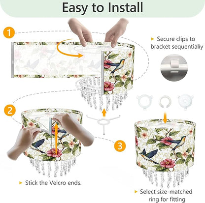Hummingbird Floral Lamp Shade with Acrylic Bead Droplets, Spring Humming Bird Flower Fabric Light Shade for Pendant Table & Floor Lamps, Memorial Gift for Bird Lover, 11.8in