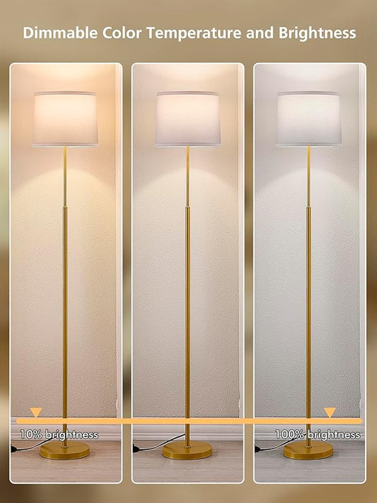 60" Modern Floor Lamp for Living Room, Standing Lamp with White Linen Lampshade, Remote and Foot Switch, Tall Lamp with A19 9W 3000K-6000K Color Temperature 10%-100% Brightness Dimmable Bulb, Gold