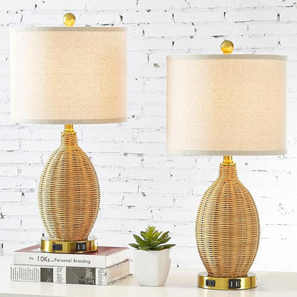 Touch Control Rattan Table Lamps, 3 Way Dimmable Bedside Lamps for Bedroom Set of 2 with 2 USB Ports and AC Outlet, Wicker Nightstand Lamps for Living Room (LED Bulbs Included), Gold