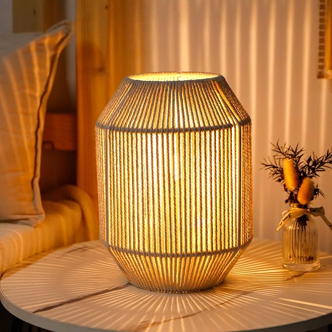 JHY DESIGN Woven Lampshade Table Lamp 8.5" H Cotton Rope Bedside Lamp Cordless Small Battery Operated Lamp Decorative Bedside Lamp with 6 Hours Timer for Bedroom Living Room Weddings Parties Patio
