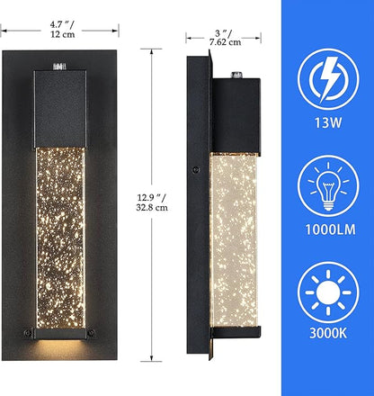 LED Dusk to Dawn Outdoor Light Fixture,2 Pack Modern Exterior Wall Sconce Porch Lights, Outside Wall Mount Lighting with Crystal Bubble Glass 13W 3000K for Front Door Patio