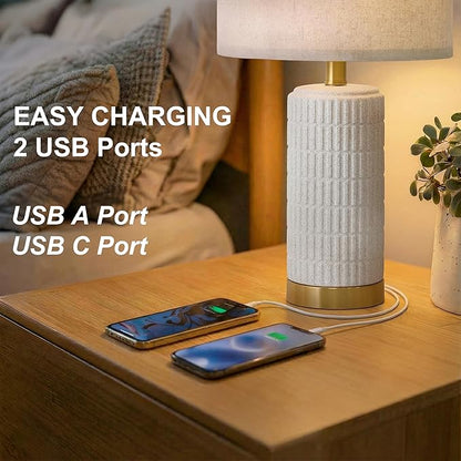 PoKat 21.5'' Stone-Like Bedside Table Lamps Set of 2 for Bedroom with 2 USB A+C, Modern Lamps for Living Room, Ceramic Nightstand Desk Lamps with Charging Ports Office Dorm Sideboard (Frosted White)