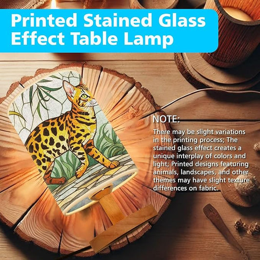 Bengal Cat Table Lamp LED 3-Color Pressed Bedside, Bengal Cat Shade Lamp with Wood Base for Bedroom Living Room Desk Office TL01