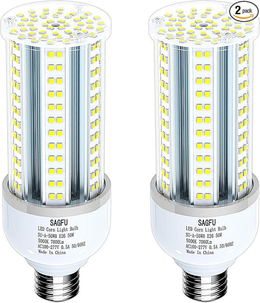 50W LED Corn COB Light Bulb, LED Corn Bulb 5000K Daylight White,2-Pack 500W Equivalent,Super Bright,E26 Base for Indoor Outdoor Workshop Garage Warehouse High Bay Lighting G3 (50W 2PACK)