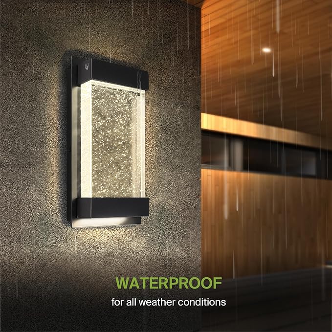 ASD LED 12" Bubble Glass Wall Light Fixture, Outdoor & Indoor Seeded Sconce | 3CCT, Waterproof, Dimmable, Up-Down Glow, ETL Listed | 22W 500LM 3000-5000K 120V | Exterior Porch Lighting | Black
