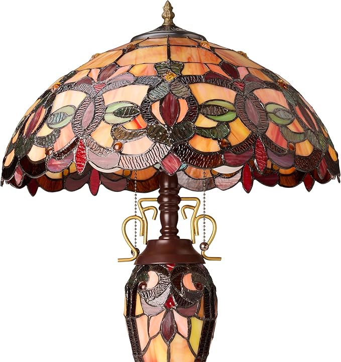 RIVER OF GOODS 24.5" H Victorian Amber Dome Shade Double Lit Tiffany-Style Stained Glass Table Lamp