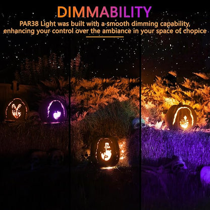 PAR38 Flood Lights Outdoor,Dimmable LED Flood Light Bulbs,20W(Equivalent to 200W),E26 Base,Outdoor Porch,Holiday Lighting,LED Flood Light Bulb for Halloween,Christmas,4 Pack Orange Purple