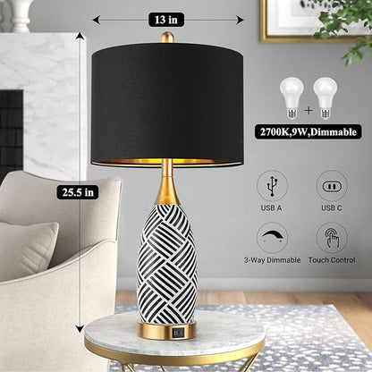 25.5" Touch Control Black and Gold Lamp,3-Way Dimmable Modern Ceramic Table Lamps with USB & Type-C Ports,Classic Black/White Striped Bedside Lamps for Bedroom Living Room Office(Bulbs Included)