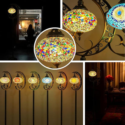 3D Crescent Moon Turkish Floor Lamp - 60 Inch Boho Lamp, 8 Inch Stained Glass Shade, Handmade for Living Room, Bulb Included (Multicolor,YUELFL-03)