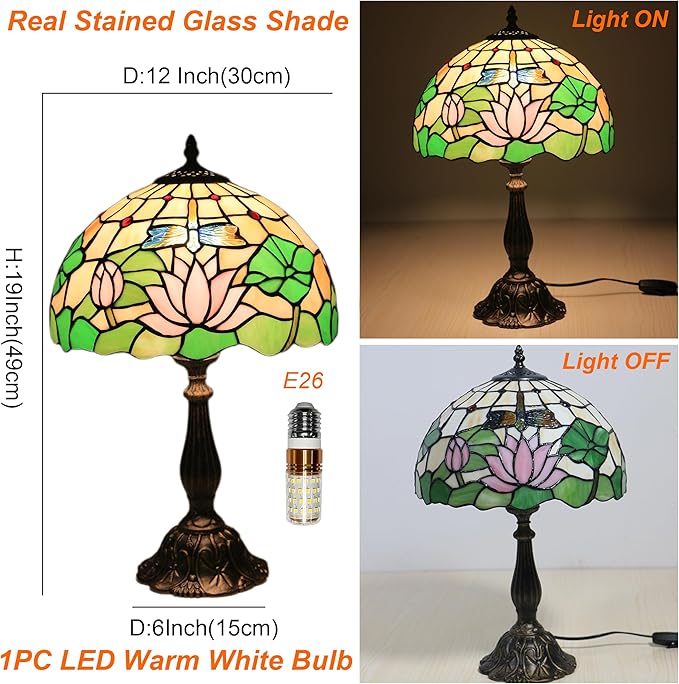 Tiffany Side Table Lamps for Living Room W/LED Bulb Lotus Flower Stained Glass Shade Bedside End Table Lamp 12X12X19Inch Desk Lamps for Home Office Classic Farmhouse Reading Table Lamps