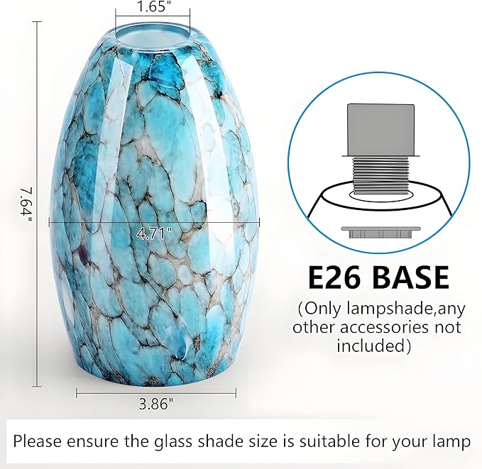 Oval Glass Lamp Shade for Pendant Lights, Blue Glass Lampshades Cover Replacement for Kitchen Island Hanging Ceiling Chandelier, 7.64x4.71" with 1.65" Fitter, Light Bulb Fixture Cover 1 Pack