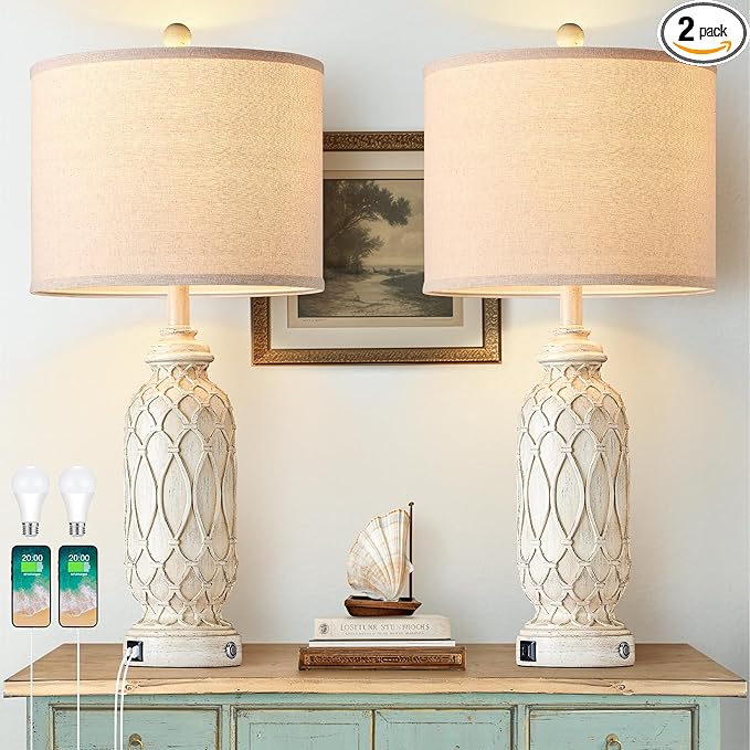 Farmhouse Lamps for Living Room Set of 2, 28" Table Lamps for Bedroom with USB A+C Charging Ports, Touch Lamps for Nightstand, 2 Bulbs Included