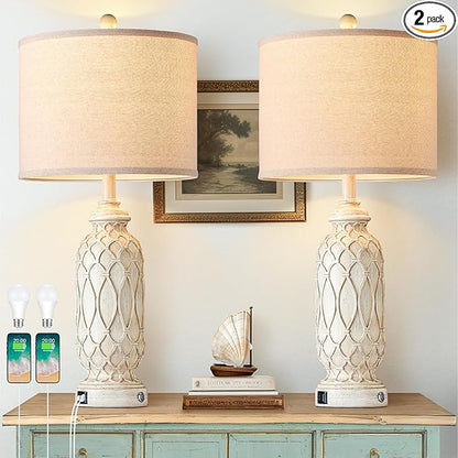 Farmhouse Lamps for Living Room Set of 2, 28" Table Lamps for Bedroom with USB A+C Charging Ports, Touch Lamps for Nightstand, 2 Bulbs Included
