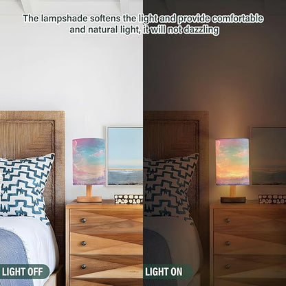 Bedside Lamp Princess Castle Pink Sky Table Lamp for Bedroom LED Nightstand Lamp Shade USB Ports Wood Base for Living Room Dorm Office