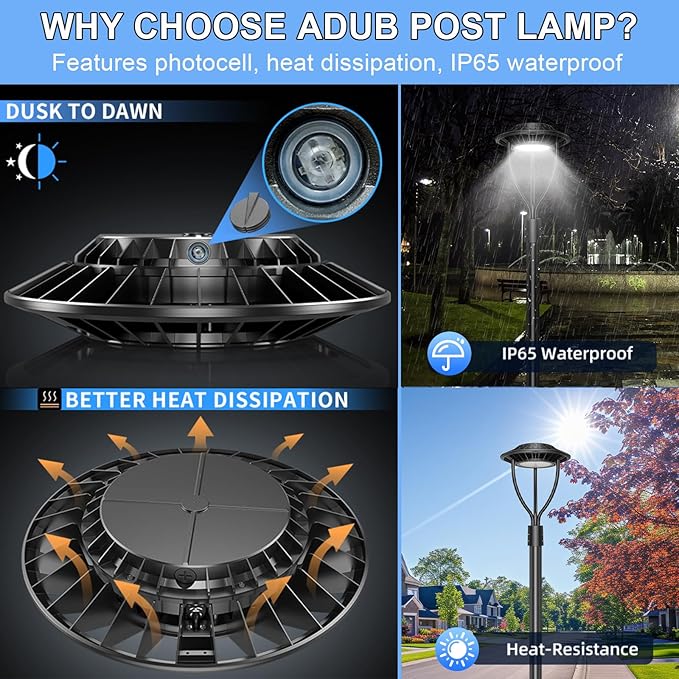 ADUB LED Post Top Light 80W 60W 48W, 3000K 4000K 5000K Adjustable LED Post Light with Photocell, ETL DLC Listed Outdoor Pole Fixture, IP65 Commercial Post Lighting for Parking lot Yard, AC100-277V