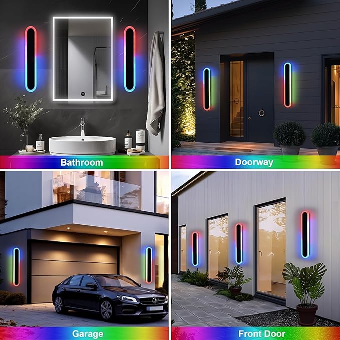 TODOLUZ 2-Pack 24-Inch RGB Outdoor Wall Light Fixture, IP65 Waterproof 16W Dimmable LED Linear Wall Sconce Lighting with Remote Control for Garage Porch Front Door