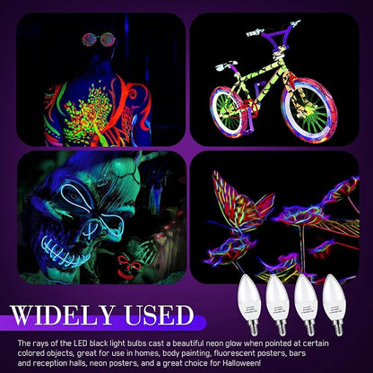 Qualirey 4 Pieces LED Black Light Bulb 6w E12 Base Blacklight Candle Bulb Glow in The Dark Party Level 395-400 Nm Halloween Black Lights for Home Stage DJ Disco, Body Paint, Neon Fluorescent Poster