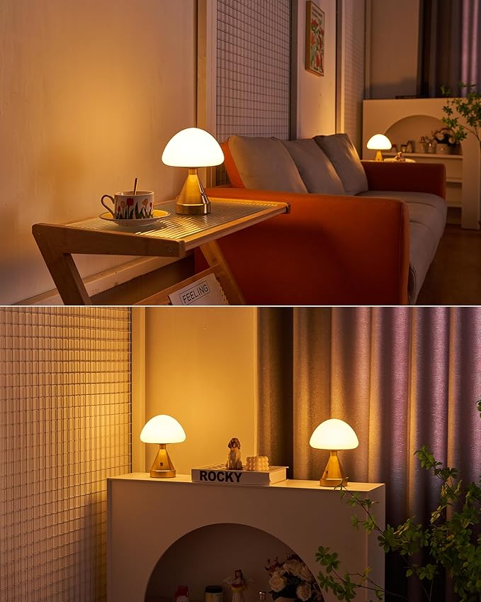 Small Cordless Mushroom Table Lamp, Mini Rechargeable Battery Powered Night Light, Touch Control Dimmable, Portable Gold Lamp for Kitchen Restaurant Dining Table Bathroom Patio