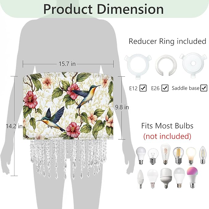 Hummingbird Floral Lamp Shade with Acrylic Bead Droplets, Spring Humming Bird Flower Fabric Light Shade for Pendant Table & Floor Lamps, Memorial Gift for Bird Lover, 15.7in