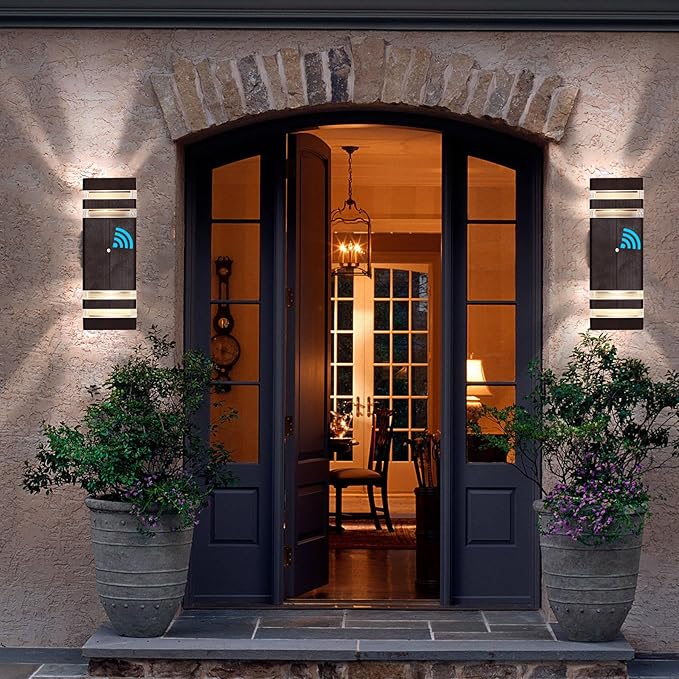 tewei 2 Pack Outdoor Wall Lights, Modern Dusk to Dawn LED Outdoor Lighting 2-Layer Brown Outdoor Lights for House Exterior Wall Light Fixture Waterproof Up and Down Porch Lights for Garage Entryway